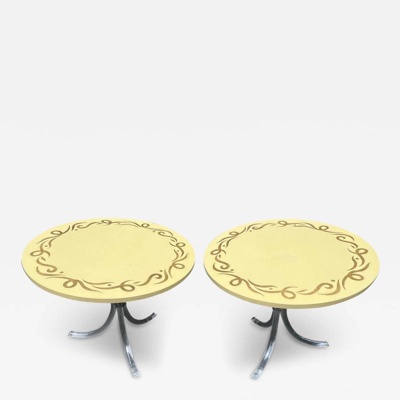 Dorothy Draper GOLD GARLAND WOOD TOP WITH GRACEFUL LUCITE BASE END TABLES BY DOROTHY DRAPER