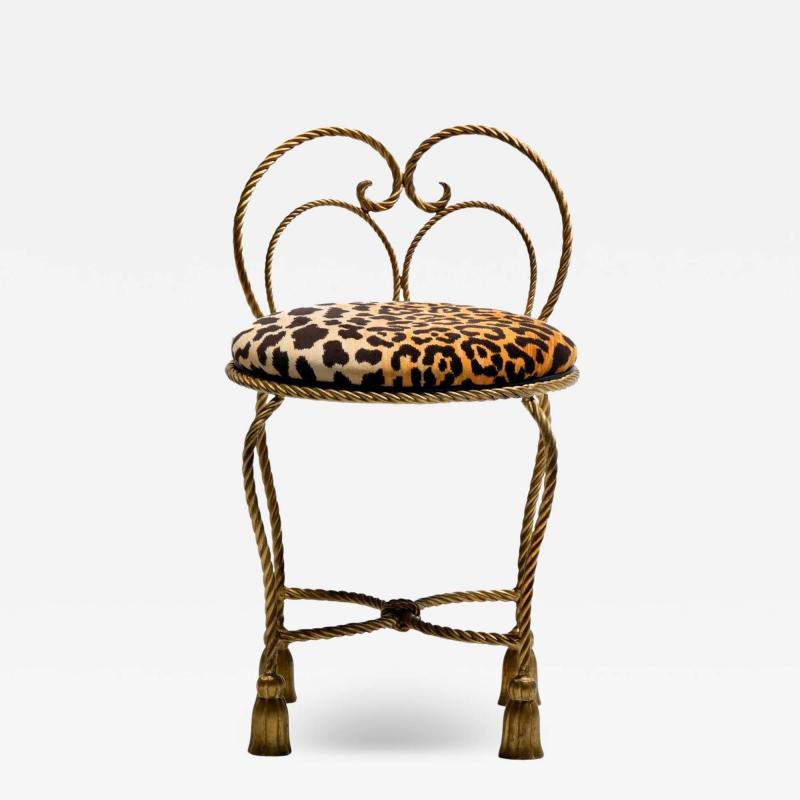 Dorothy Draper Hollywood Regency Gilt Rope Tassel Vanity Stool in Leopard Velvet