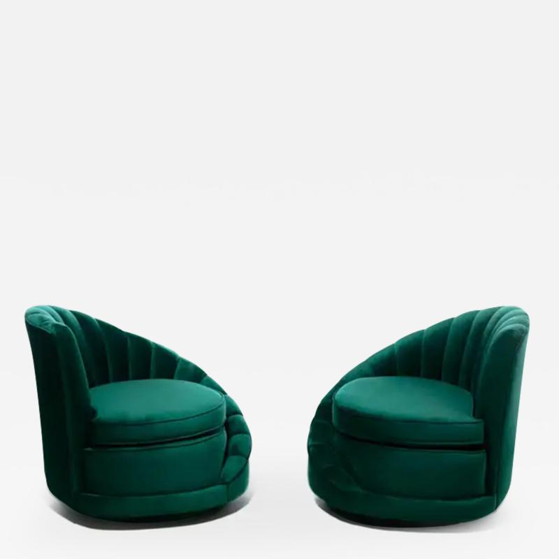 Dorothy Draper Hollywood Regency Glamorous Asymmetrical Swivel Chairs in Emerald Green Velvet