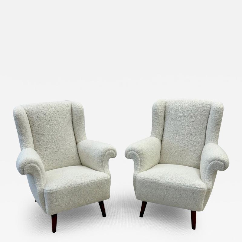 Dorothy Draper Pair American Mid Century Scroll Lounge Wingback Chairs Boucle Draper Style