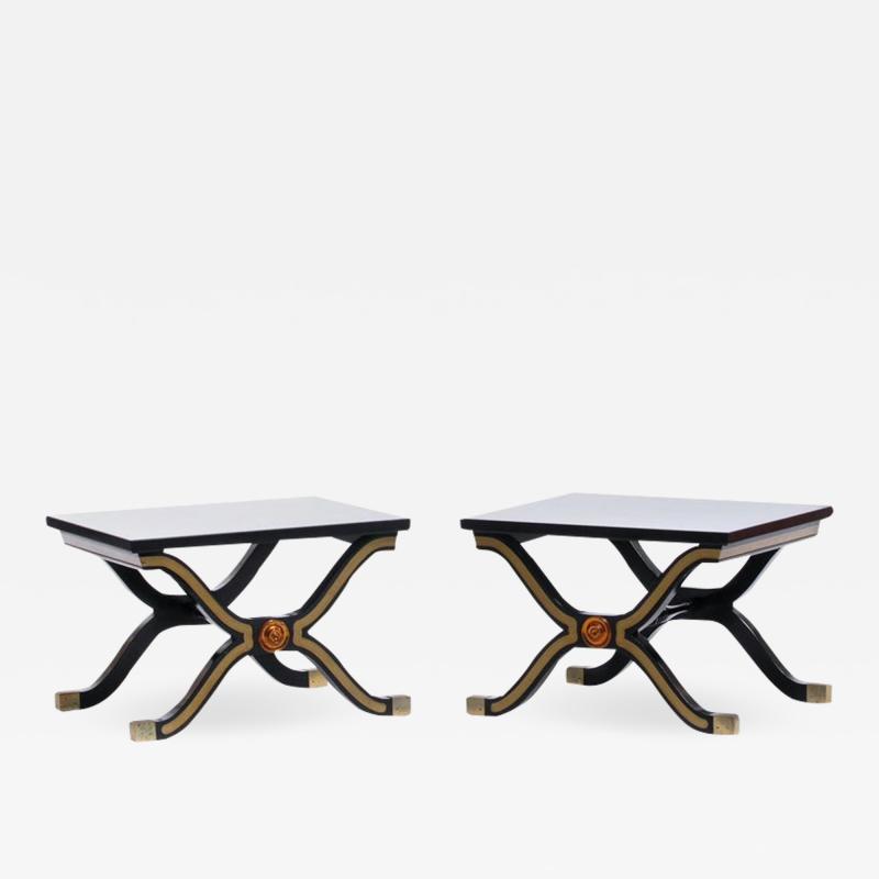 Dorothy Draper Pair of Dorothy Draper Espa a Side Tables in Original Black and Gold Lacquer