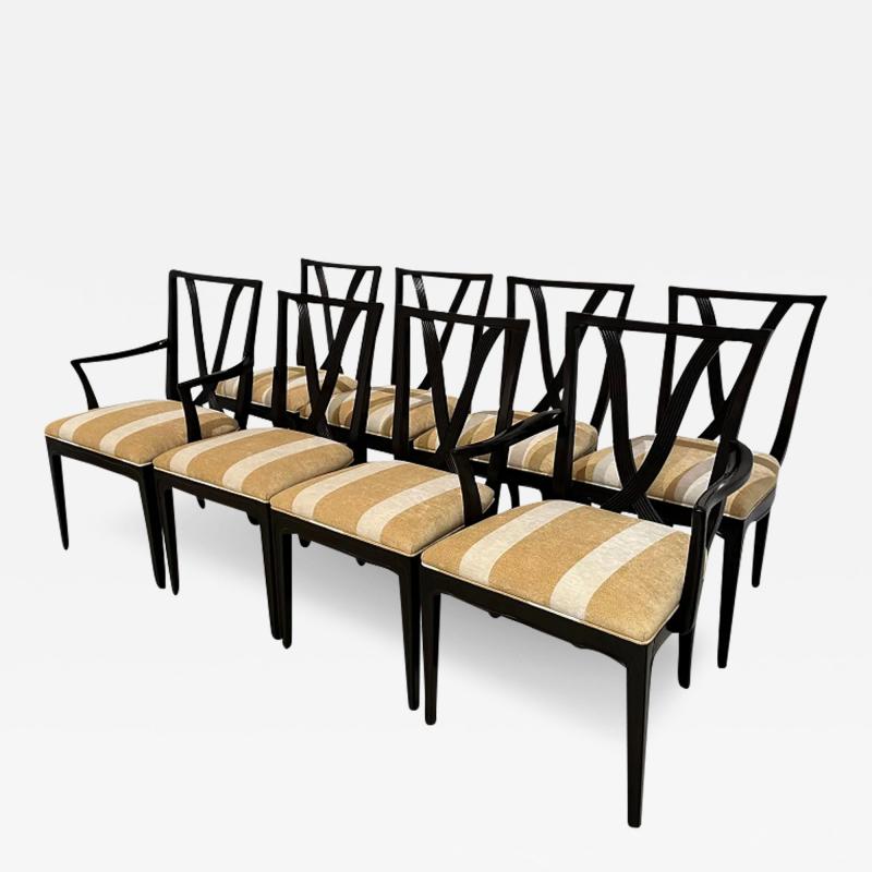 Dorothy Draper Set of 8 Dorothy Draper Black Lacquer Dining Chairs W Scalamandre Stripe