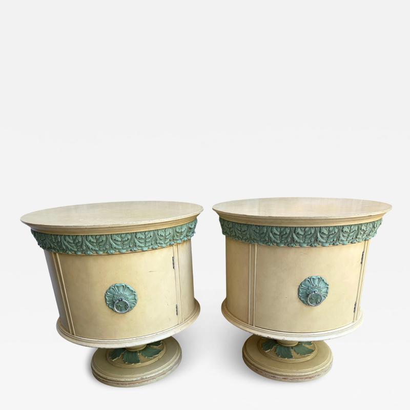 Dorothy Draper Stunning Pair Hollywood Regency Pedastal Drum Table Night Stand Mid Century