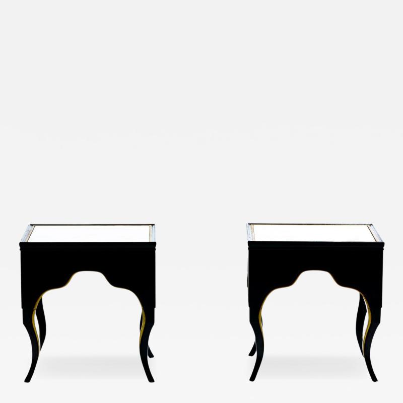 Dorothy Draper Vintage Hollywood Regency Black Lacquered and Gilt Marble Topped Accent Tables