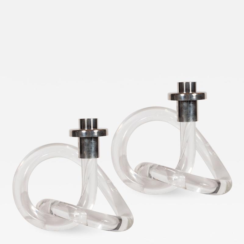 Dorothy Thorpe Pair of Pretzel Candlesticks in Lucite and Nickeled by Dorothy Thorpe