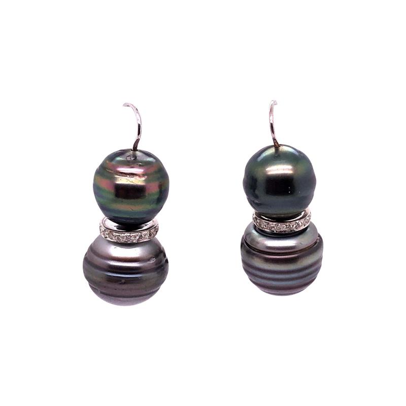 Double Black Baroque Pearl and Pave Diamond Drop Earrings