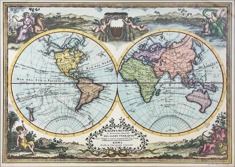Double Hemisphere Old World Map Print Matted Framed