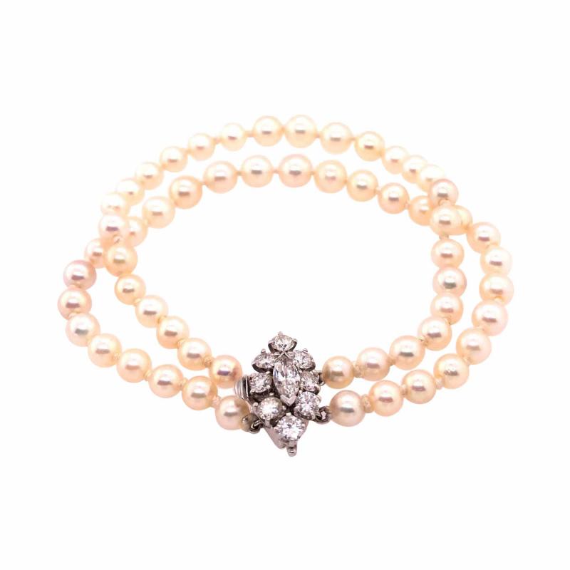 Double Strand Cultured Pearl Diamond Bracelet Large Diamond Pendant 1 20 TDW