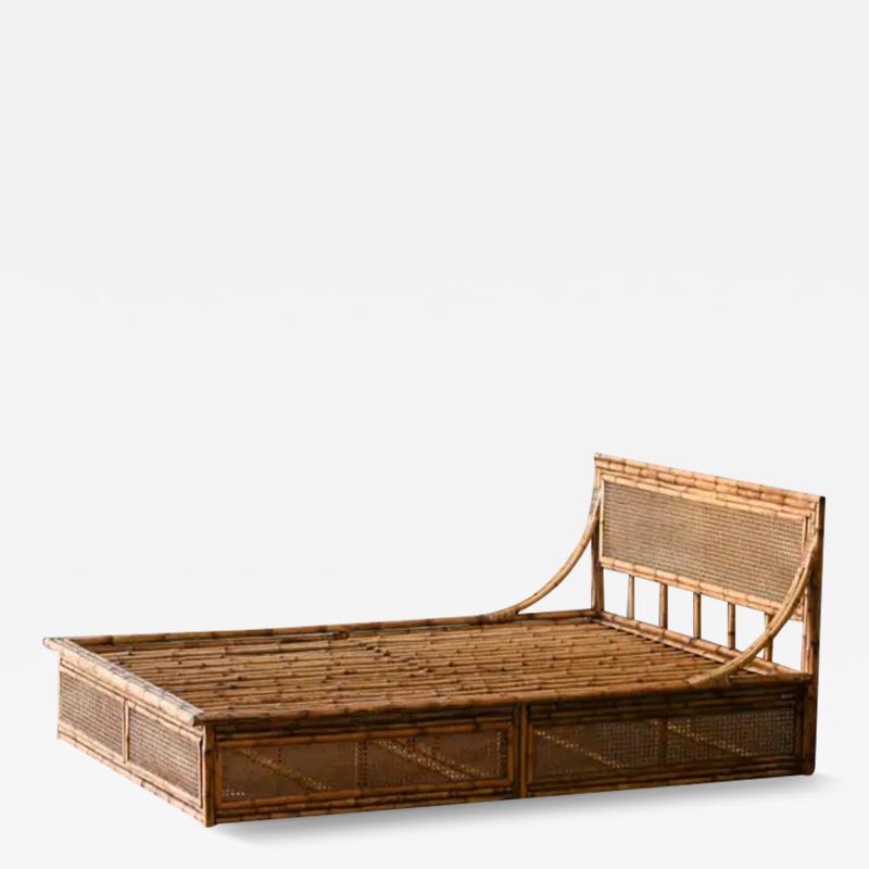 Double bed with bamboo and Vienna straw headboard 1980