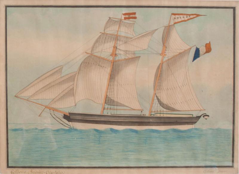 Drawing of French Schooner in Gilt Wood Frame