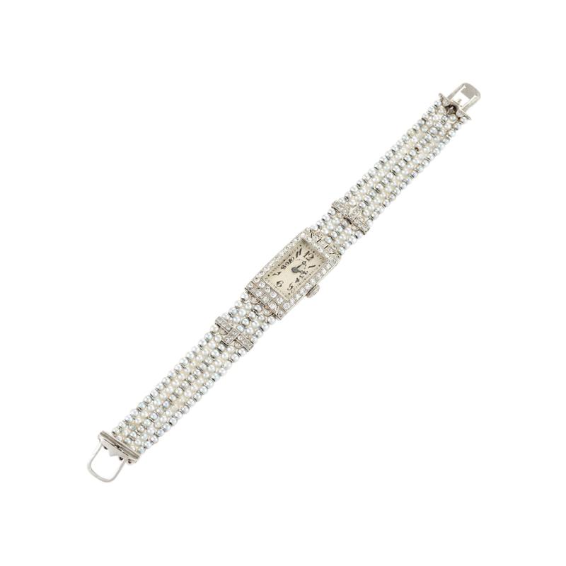 Dreicer Co Dreicer Co Art Deco Diamond Seed Pearl Platinum and Gold Wrist Watch