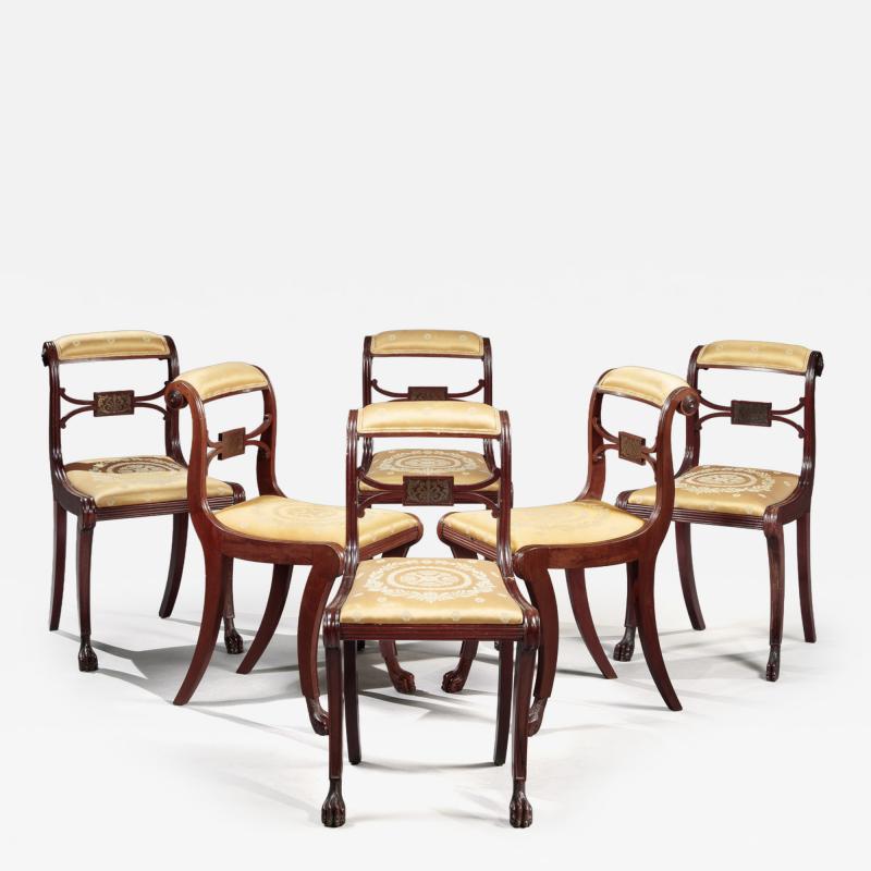 Duncan Phyfe SET OF SIX CLASSICAL CARVED AND BRASS INLAID KLISMOS SIDE CHAIRS