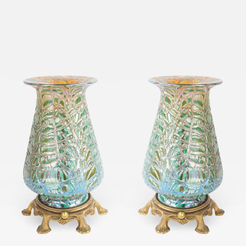Durand American Victorian Durand Green Iridescent Glass Table Lamps
