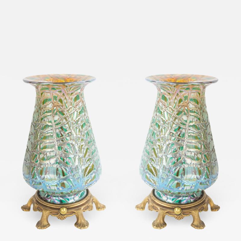 Durand American Victorian Durand Green Iridescent Glass Table Lamps