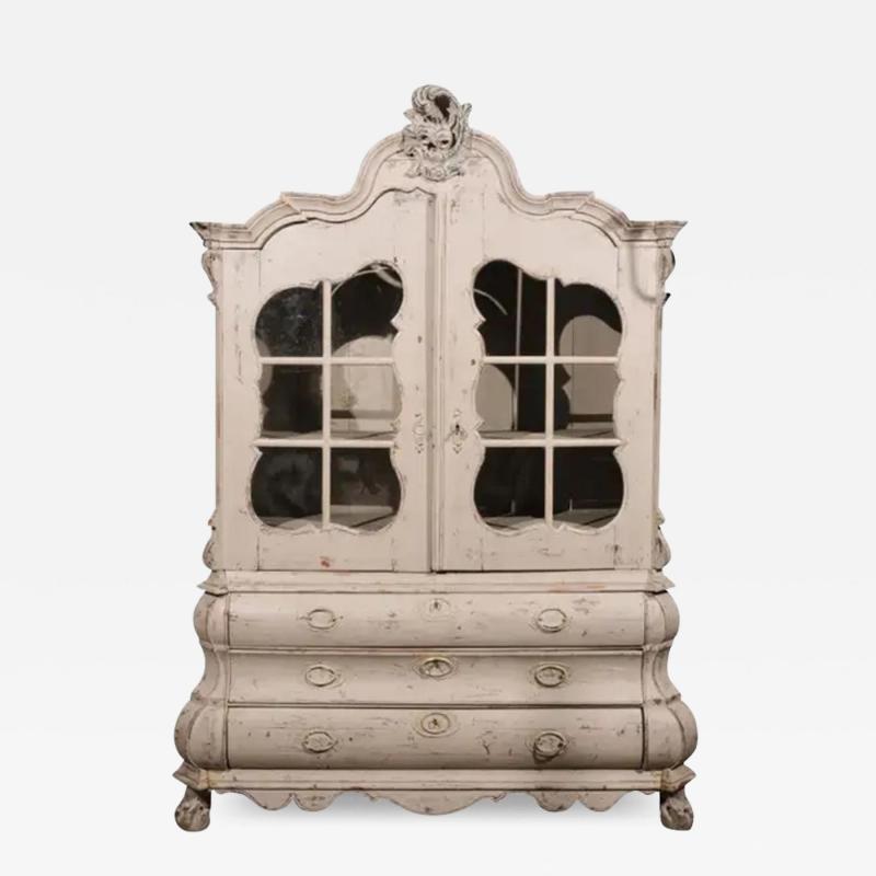 Dutch 1850s Rococo Revival Painted Cabinet with Glass Doors and Bomb Chest