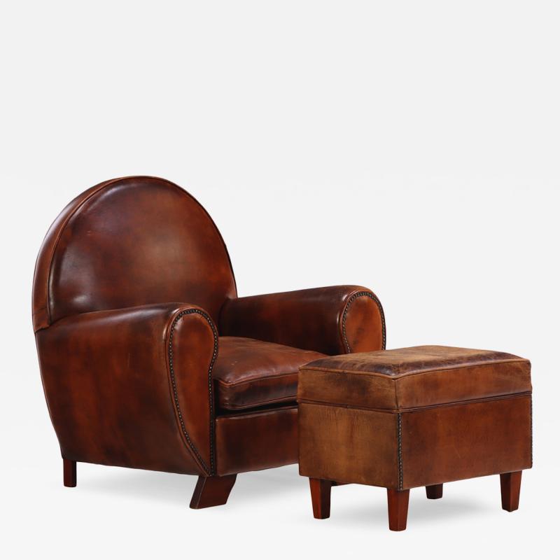 Dutch Art Deco Style Leather Club Chair with Matching Ottoman
