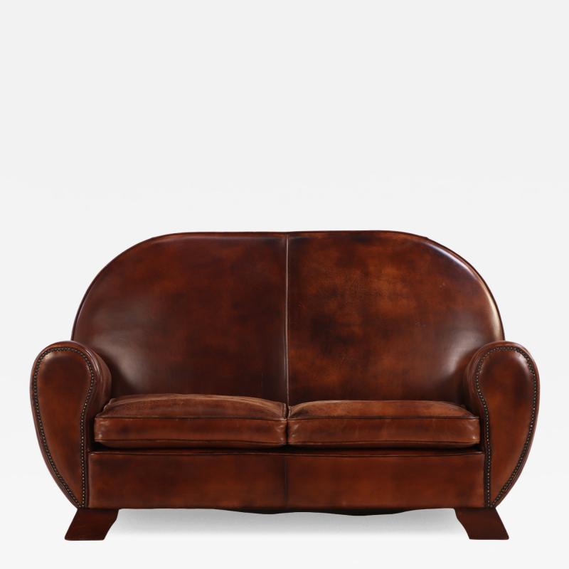 Dutch Art Deco Style Leather Loveseat 1930s Modernist Form
