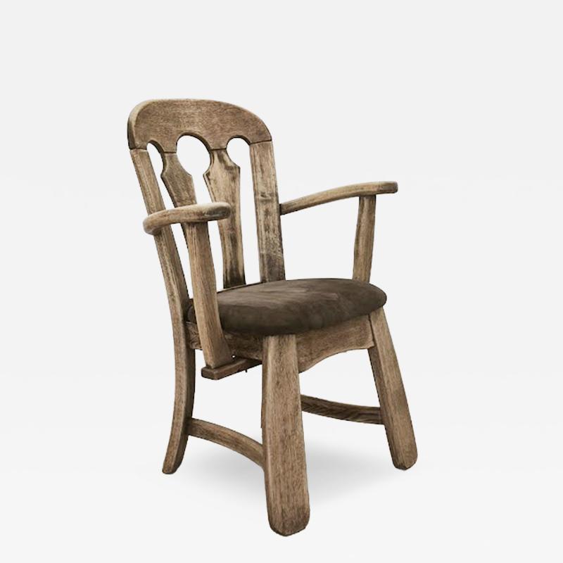 Dutch Brutalist Solid Oak Armchair with Reupholstered Leather Seat 1970s