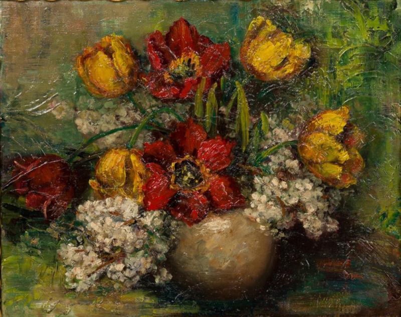 Dutch Hydrangea and Tulip Flora Still Life Oil Painting in an Ornate Giltwood Fr