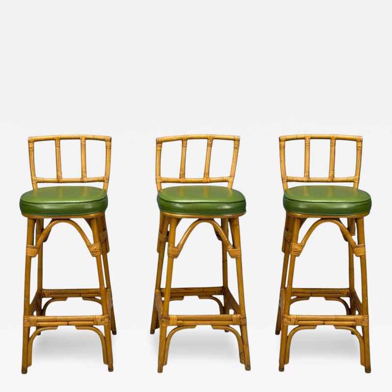Dutch Modern Bamboo Green Leather Three Barstools Netherlands 1970s