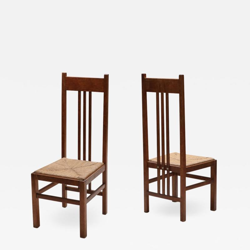 Dutch Modernist High Back Chairs with Cord Seating 1920s