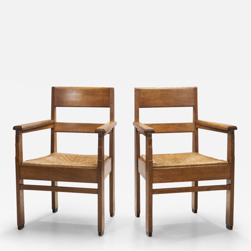 Dutch Oak Art Deco Chairs with Rush Seats The Netherlands 1920s