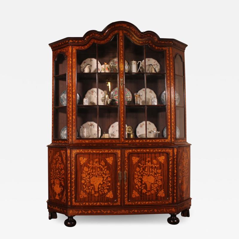 Dutch Showcase Cabinet Or Vitrine In Wood Marquetry With Floral Decor
