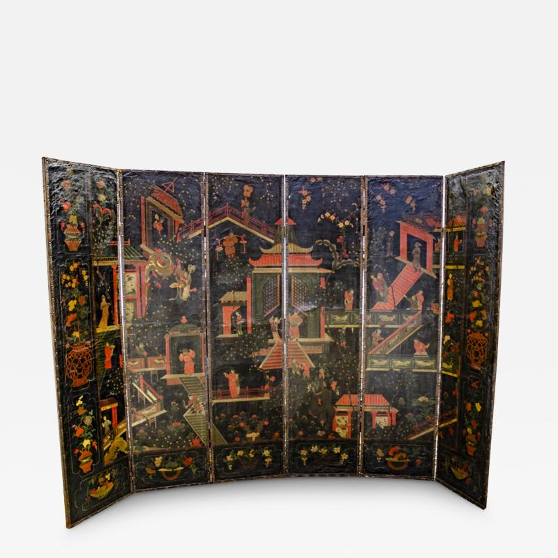 Dutch Six Panel Chinoiserie Decorated Leather Screen