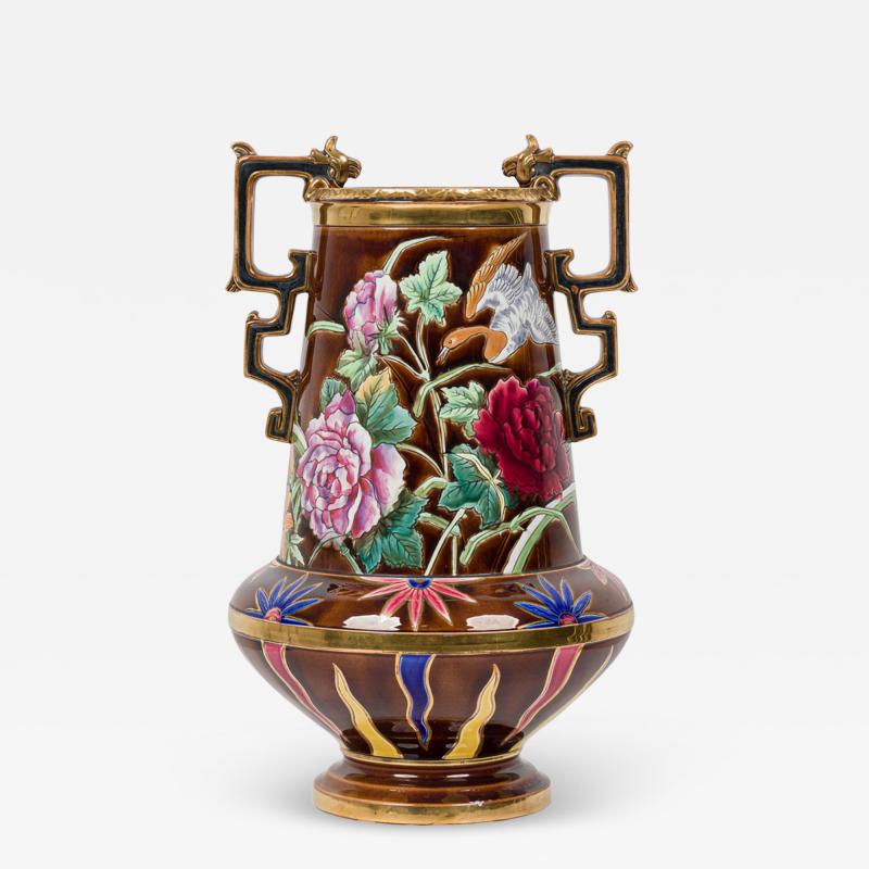 Dutch Victorian Aesthetic Movement Monumental Gilt Painted Ceramic Vessel