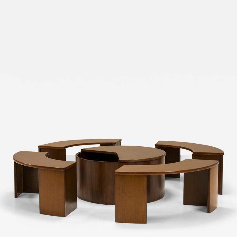 Dynamic Dry Bar and Coffee Table with Benches in Walnut Italy 1970s
