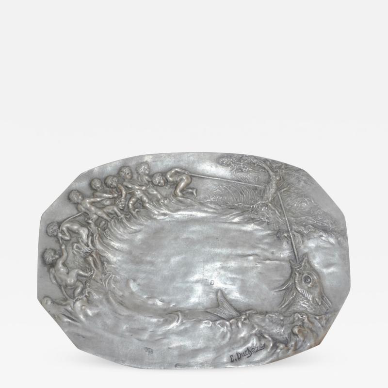 E Duchez 1900s French Art Nouveau Sculpted Pewter Dish with Fishing Putti in Relief