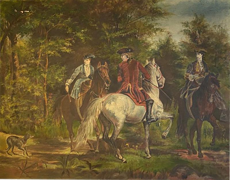 E M Rich ANTIQUE REVOLUTIONARY GENTLEMEN WITH HORSES OIL PAINTING