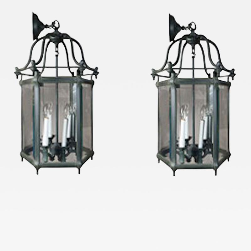 ELEGANT PAIR OF SOLID GREEN PATINATED BRONZE LANTERNS