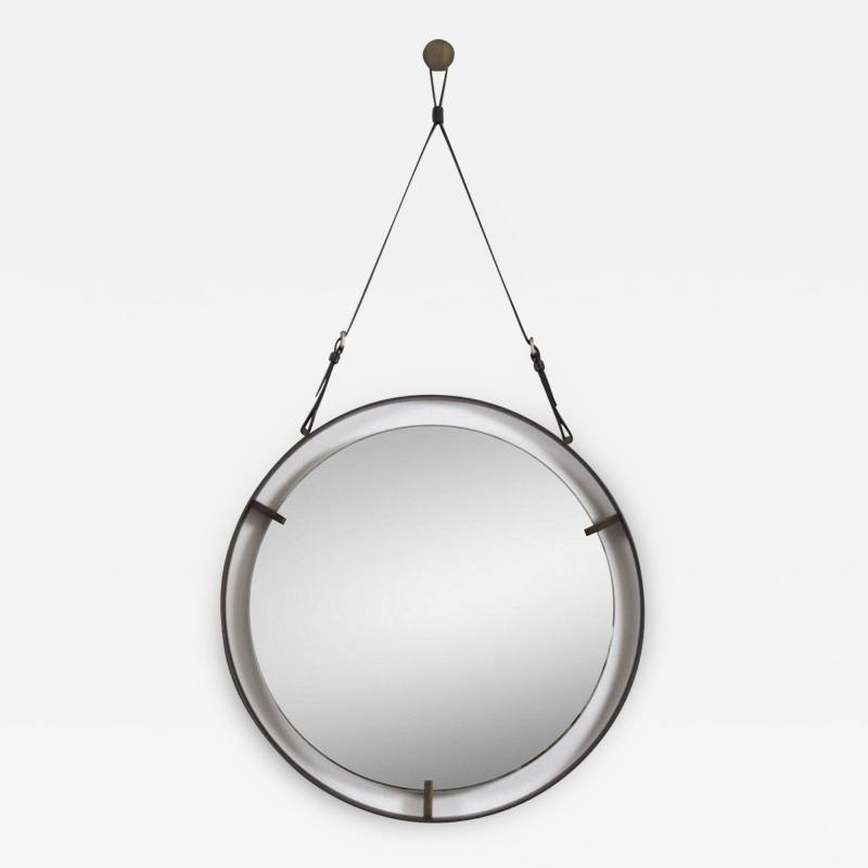 EMMERSON CIRCULAR METAL AND LEATHER MIRROR