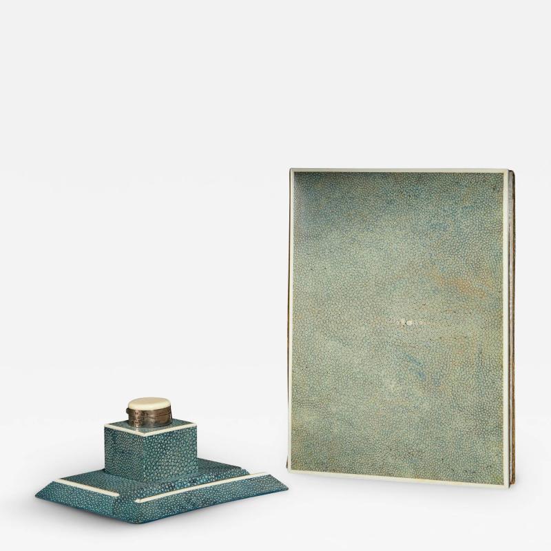 ENGLISH ART DECO SHAGREEN DESK SET FOLDER AND INKWELL