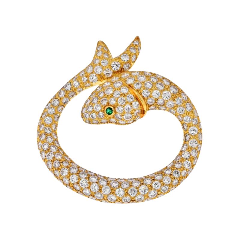 ESTATE 18K YELLOW GOLD 8 CARAT PAVE SET DIAMOND KOI FISH BROOCH