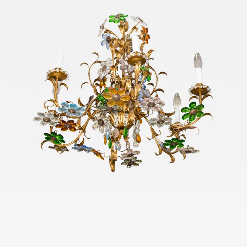 EXCEPTIONAL MID CENTURY ITALIAN CHANDELIER WITH COLORFUL CRYSTAL FLOWER CLUSTERS