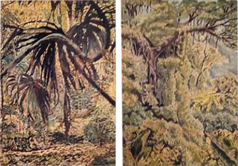 EXCEPTIONAL PAIR OF MID CENTURY RAIN FOREST PAINTINGS 1958