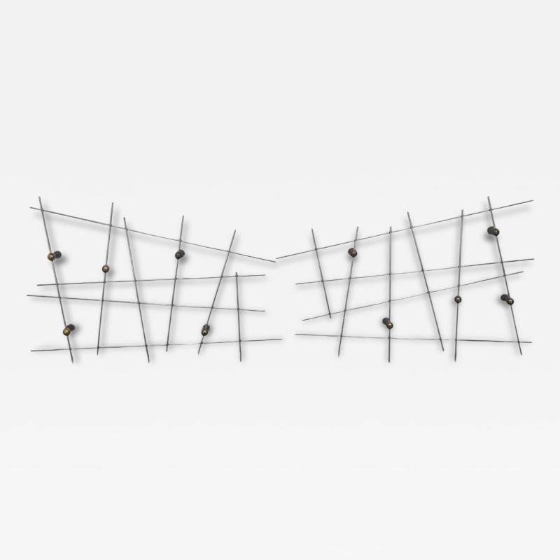 EXCEPTIONAL PAIR OF MONUMENTAL MODERNIST STEEL ROD BRASS BALL WALL SCULPTURES