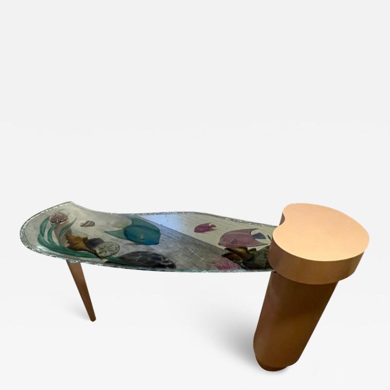 EXCEPTIONAL POST MODERN COLORFUL CARVED SEA LIFE GLASS CONSOLE