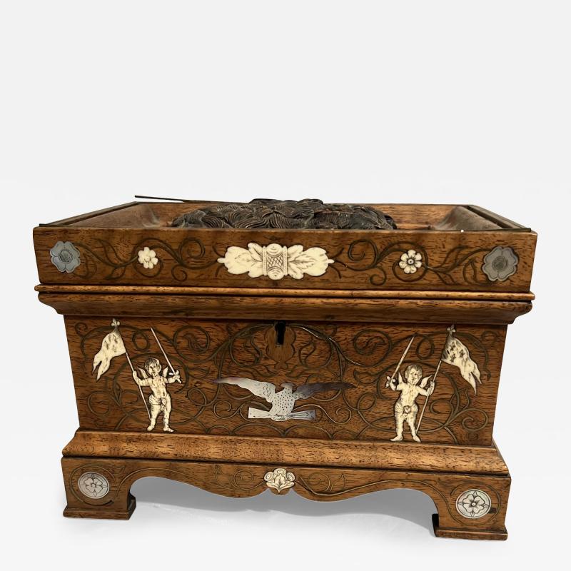 EXQUISITE UNIQUE ANTIQUE INLAID HAND CARVED BOX WITH DOGS BIRDS RABBITS ANGELS