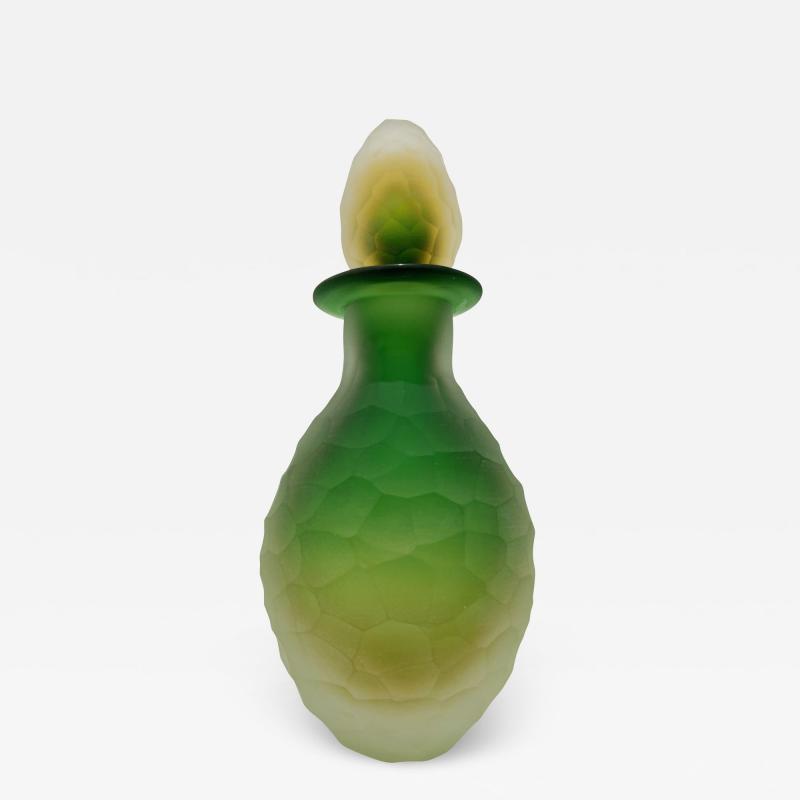 Early 1900s Antique Italian Crystal Green Yellow Layered Murano Glass Bottle