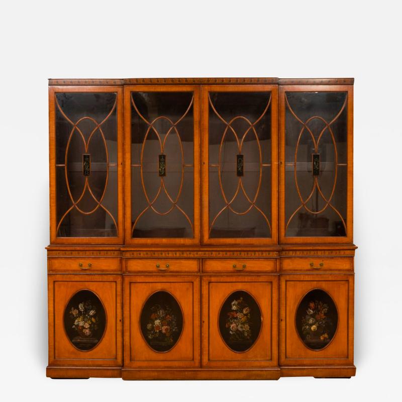 Early 19th Century Edwardian Inlaid Painted Satinwood Breakfront Bookcase