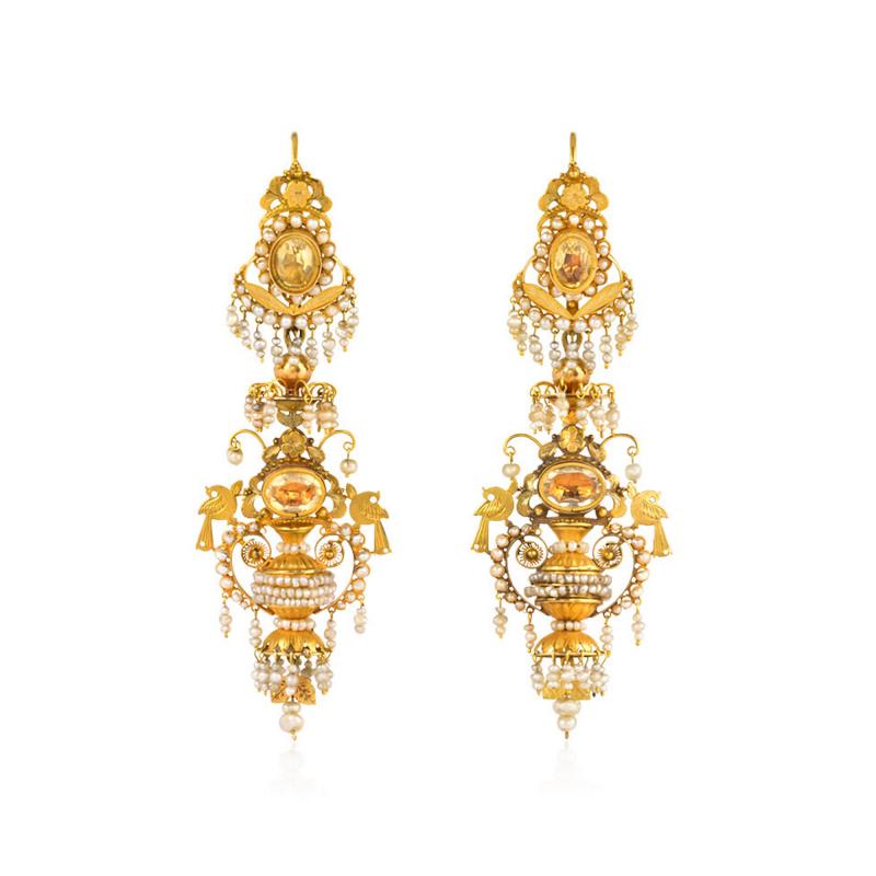 Early 19th Century Gold Filigree Citrine and Seed Pearl Chandelier Earrings