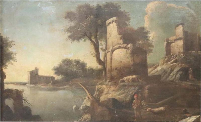 Early 19th Century Italian Antique Large Oil on Canvas Painting River Landscape