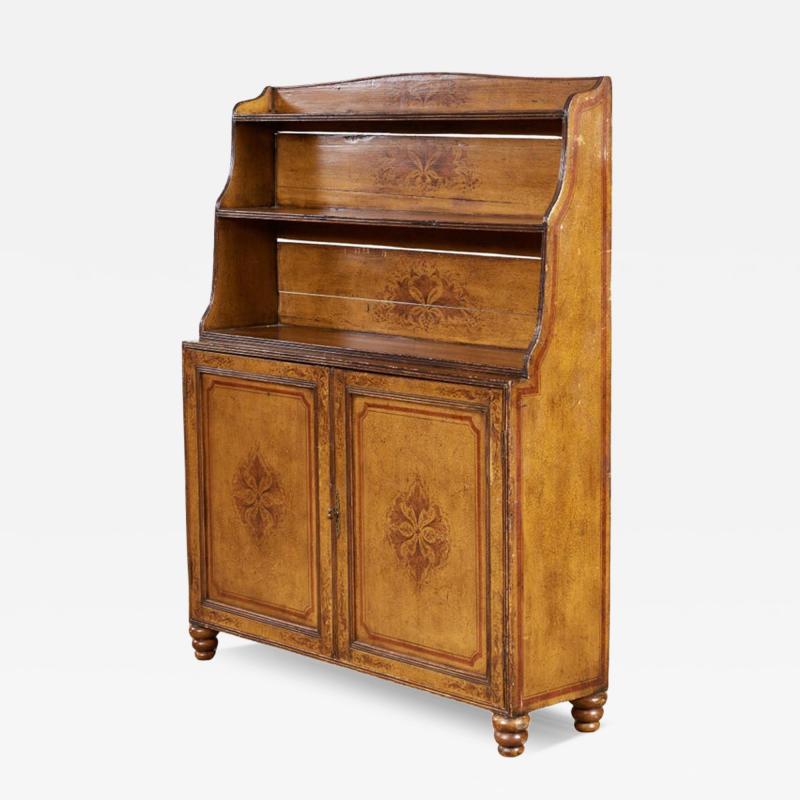 Early 19th c English Painted Waterfall Bookcase Cabinet