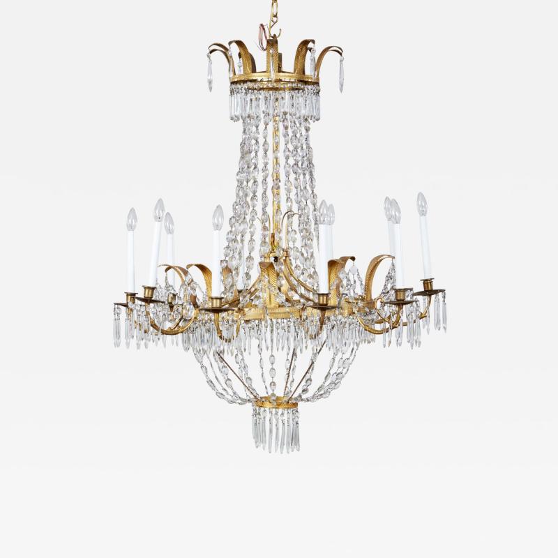 Early 19th c Swedish Crystal Chandelier with Gilt Metal Ferns