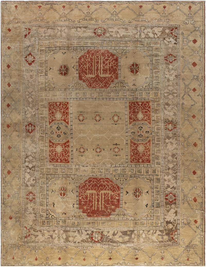 Early 20th Century Bold Turkish Oushak Brown Beige Handmade Wool Rug