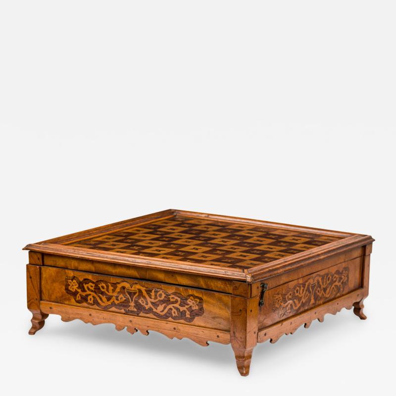 Early 20th Century Carved Mahogany Cocobolo Mother of Pearl Game Box