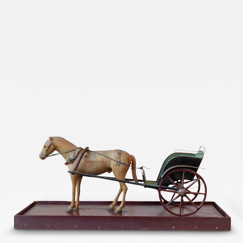 Early 20th Century Carved Wooden Horse and Carriage Model